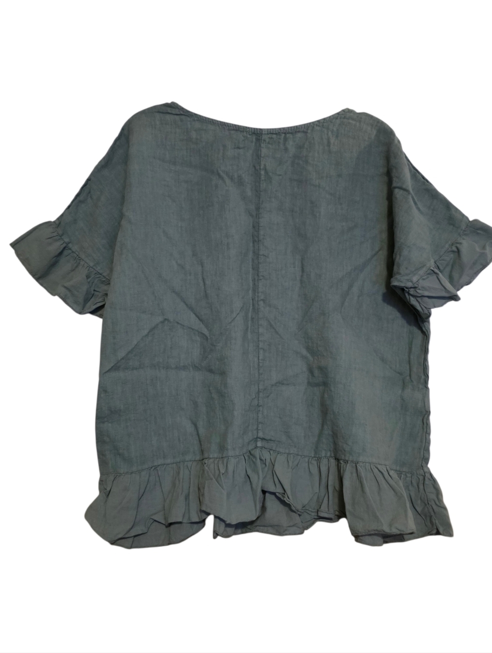 Meo Meli Linen Sage Green Linen Top Ruffle Short Sleeve Size M - Picture 2 of 7